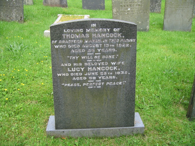 NAME: Hancock Lucy BORN: 1866 DIED: 1935 AGE: 69 of Bradford Manor. Wife of Thomas Hancock
NAME: Hancock Thomas BORN: 1866 DIED: 1922 AGE: 56 of Bradford Manor. Husband of Lucy Hancock
South Section_20100614_0068.JPG